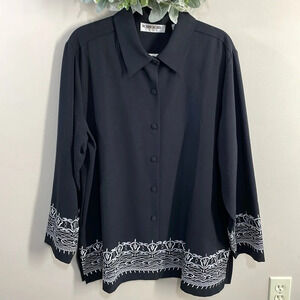 NWOT Brownstone Studio Black Long Sleeve Button Down   Top White Embroid…